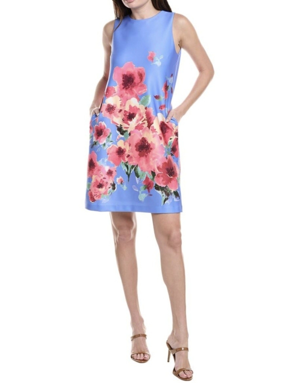 Anne Klein Light Blue Floral Sheath Dress with Pink Blooms